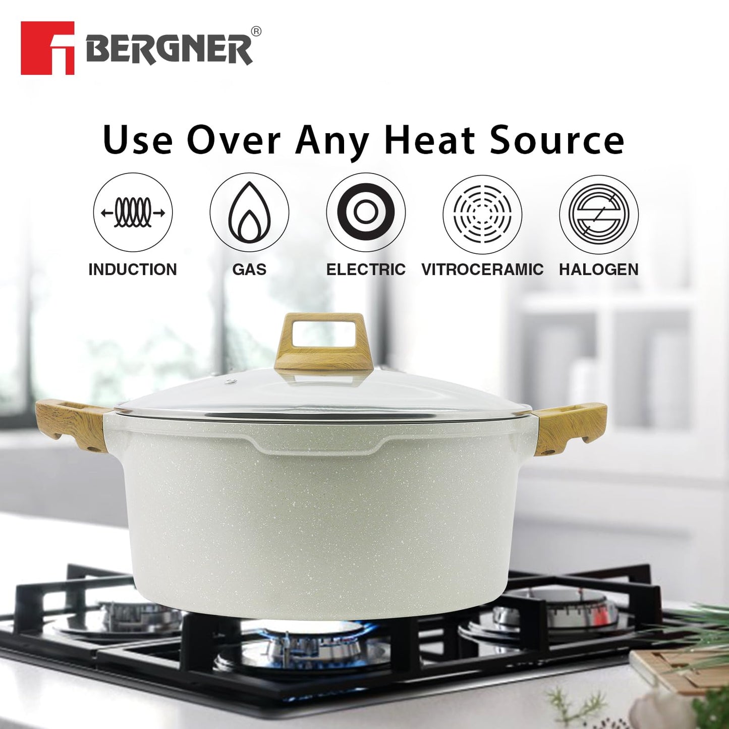 Bergner Naturally Cast Aluminum 32cm (9 L) Casserole with Glass Lid, Marble Non-Stick Coating, Less Oil Use, Scratch Resistant, Soft Touch Stylish Handles - Induction Bottom, Free Non-Woven Trivet