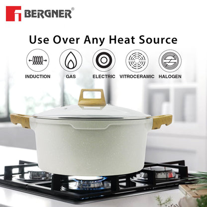 Bergner Naturally Cast Aluminum 32cm (9 L) Casserole with Glass Lid, Marble Non-Stick Coating, Less Oil Use, Scratch Resistant, Soft Touch Stylish Handles - Induction Bottom, Free Non-Woven Trivet