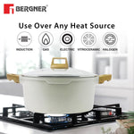 Bergner Naturally Cast Aluminum 32cm (9 L) Casserole with Glass Lid, Marble Non-Stick Coating, Less Oil Use, Scratch Resistant, Soft Touch Stylish Handles - Induction Bottom, Free Non-Woven Trivet