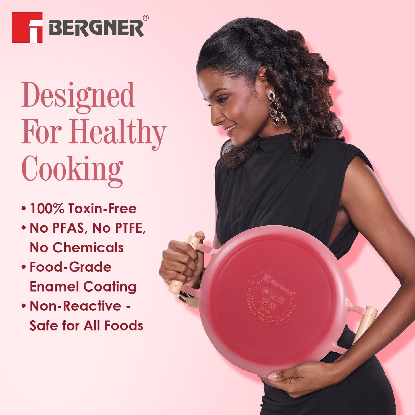 BERGNER Excalibur Lightweight Cast Iron Frypan 18cm, Sturdy Wooden Handle, Non-Stick Coating, PFAS Free, Perfect Heat Distribution, Elegant Design - Induction and Gas Stove Ready (Pink)