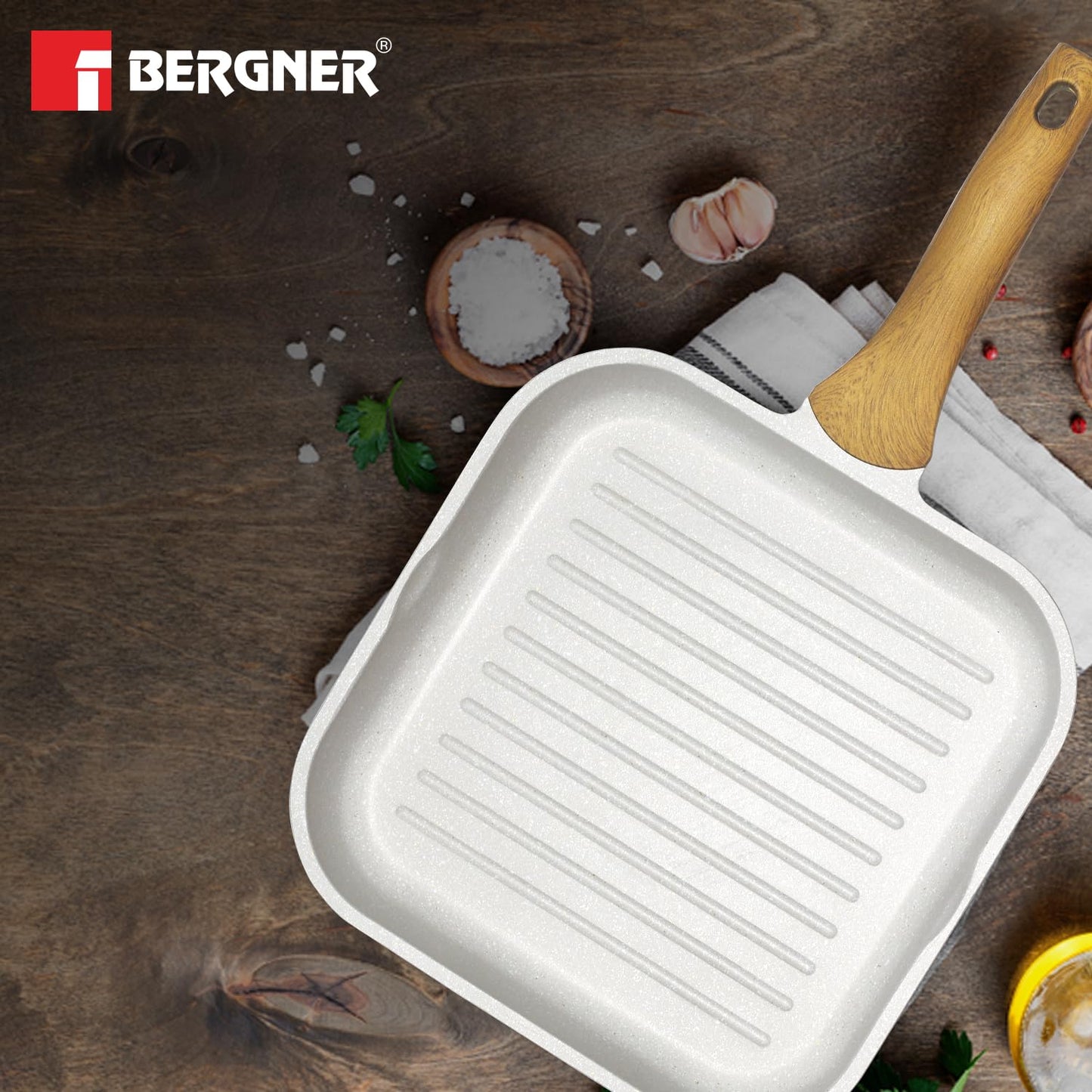 BERGNER Naturally Cast Aluminum 26cm Grill Pan, Marble Non-Stick Coating, Less Oil Use, Scratch Resistant and Durable, Soft Touch Handle, Easy to Clean - Induction Bottom, Free Non-Woven Trivet