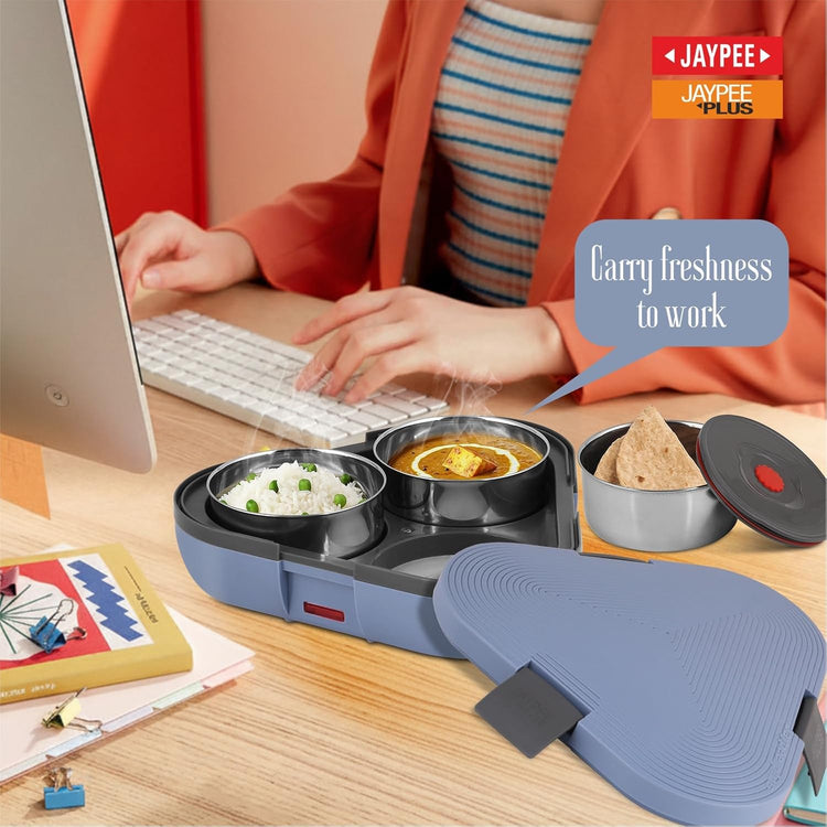Jaypee Plus Tripot Electric Lunch Box with 3 Removable Stainless Steel Containers 250 ml x3 with Power Cord |Air Vent on Lid |Leakproof Silicon Seal|LED Indicator |Shockproof | Blue