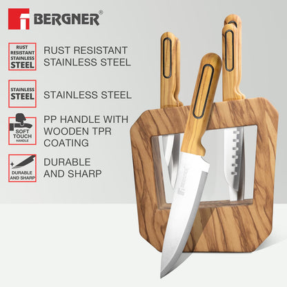 BERGNER Olive Garden Stainless Steel 6 Pcs Knife Set - Kitchen Knife Set of Chef Knife, Santoku Knife, Slicer Knife, Utility Knife, Paring Knife with Wooden Knife Block, Durable, Soft Touch Handle