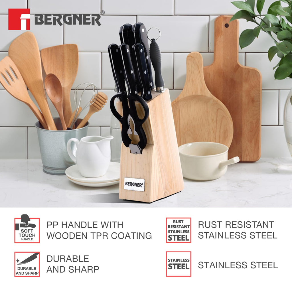 BERGNER Shark Stainless Steel 8 Pcs Knife Set - Chef Knife, Bread Knife, Boning Knife, Utility Knife, Paring Knife, Sharpener, Scissor and Wooden Block, Durable and Sharp Blade, Soft Touch Handle