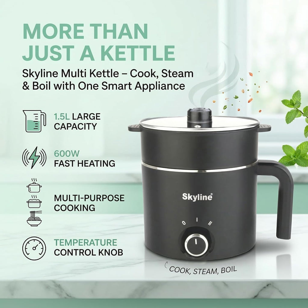 Skyline Multi-Purpose Electric Kettle with Steamer and Egg Boiler, 1.5L, 600W, Temperature Control, VTL-9091 (Black)