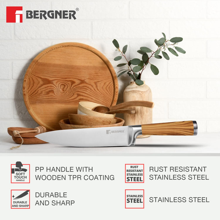 BERGNER Olive Garden Stainless Steel 3 Pcs Knife Set, Kitchen Knife Set of 20cm, 12.5cm and 8.75cm, Durable, Rust Resistant, Soft Touch Wooden Coated Handle, Ideal for Cutting, Dicing, Slicing etc