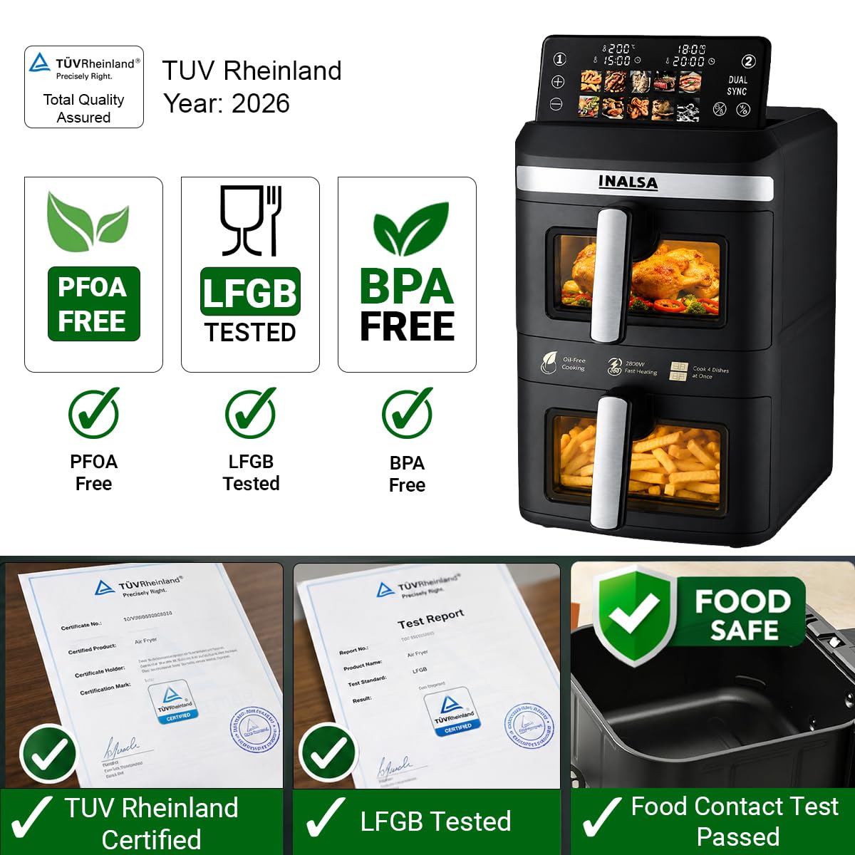 INALSA Double Basket Air Fryer 2800W & 14 L (7L+7L) Large Capacity |Non Toxic,BPA Free|PFOA Food Safety Certified|Cook 2 Full Meals Together|Flip Digital Screen|NutriFry DuoSlim
