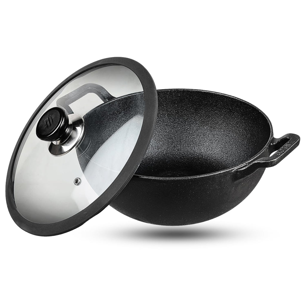 Vinod Legacy Cast Iron Kadai with Glass Lid 2.4L (22 cm) | Pre-Seasoned & Stick-Free | Ideal for Sabzi, Frying & Curries | 100% Pure & Toxin-Free | Safety Sleeve | Rust Resistant