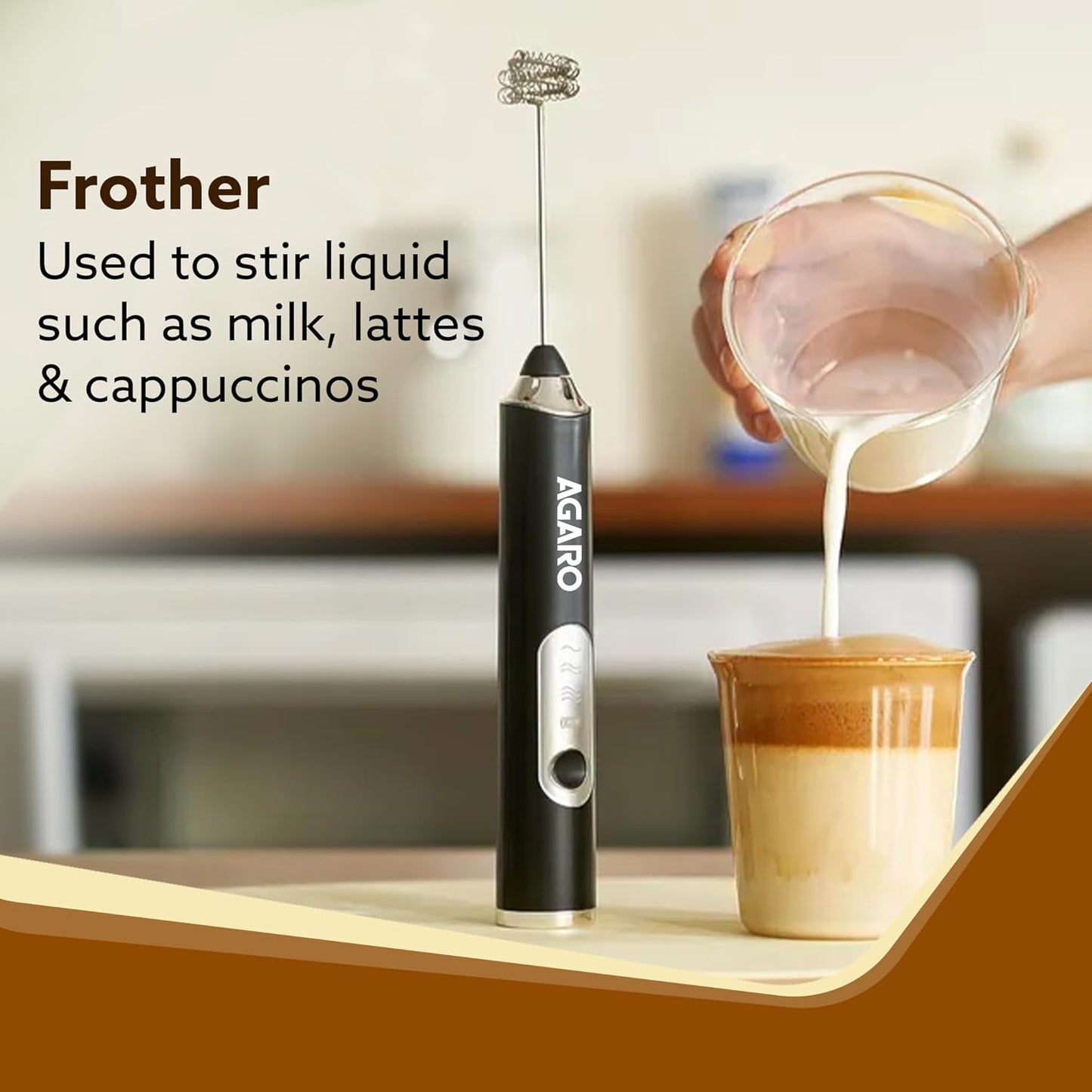 AGARO Royal Milk, 3‑Speed Electric for Coffee with Whisk and, Mixer, Stand‑up Design, for Cream (Whisk Milk), Rechargeable, Stainless Steel