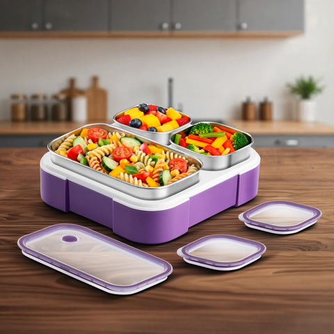 VAYA TYDBYT Stainless Steel Tiffin Box for Men, Kids Girls,1 Large & 2 Small Compartments, Bento Lunch Box, Smart Portions for Balanced Meals, Purple