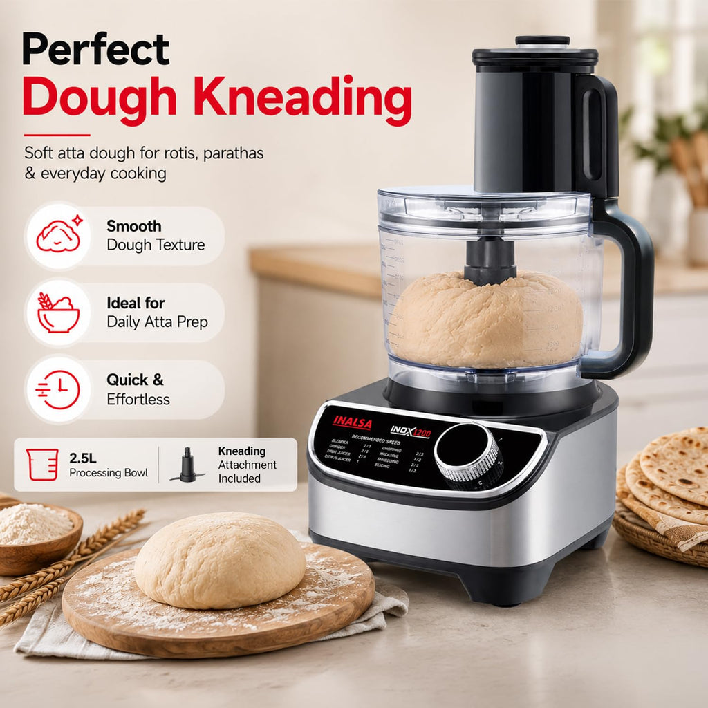 INALSA food processor for kitchen with Mixer Grinder Juicer|1200 Watt Copper Motor|3 Jars|2.5 L Processing Jar|Chopping & Kneading Blade|Centrifugal/Citrus Juicer|Shredding|Slicing-INOX 1200