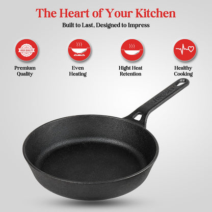 Vinod Legacy Pre-Seasoned Cast Iron Frypan - 20 cm | Non-Toxic | Enamel-Free & Coating-Free | Gas Compatible | Black