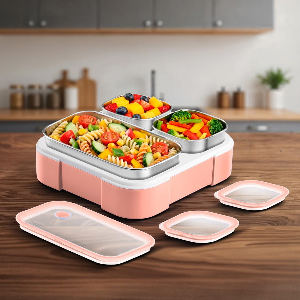 VAYA TYDBYT Stainless Steel Tiffin Box for Men, Kids Girls,1 Large & 2 Small Compartments, Bento Lunch Box, Smart Portions for Balanced Meals, Coral Crush