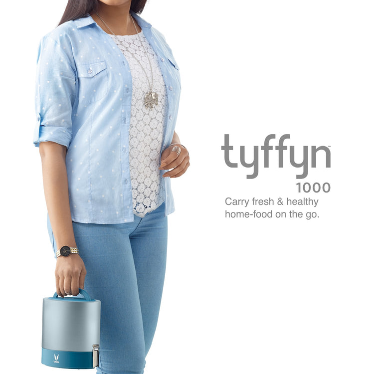 VAYA TYFFYN Lunch Box for Office for Men, with Polished Stainless Steel Containers,1000ml Vacuum Insulated Hot Lunch Box Without BagMat, Leakproof Hot Tiffin Box with 3 Compartments, Blue