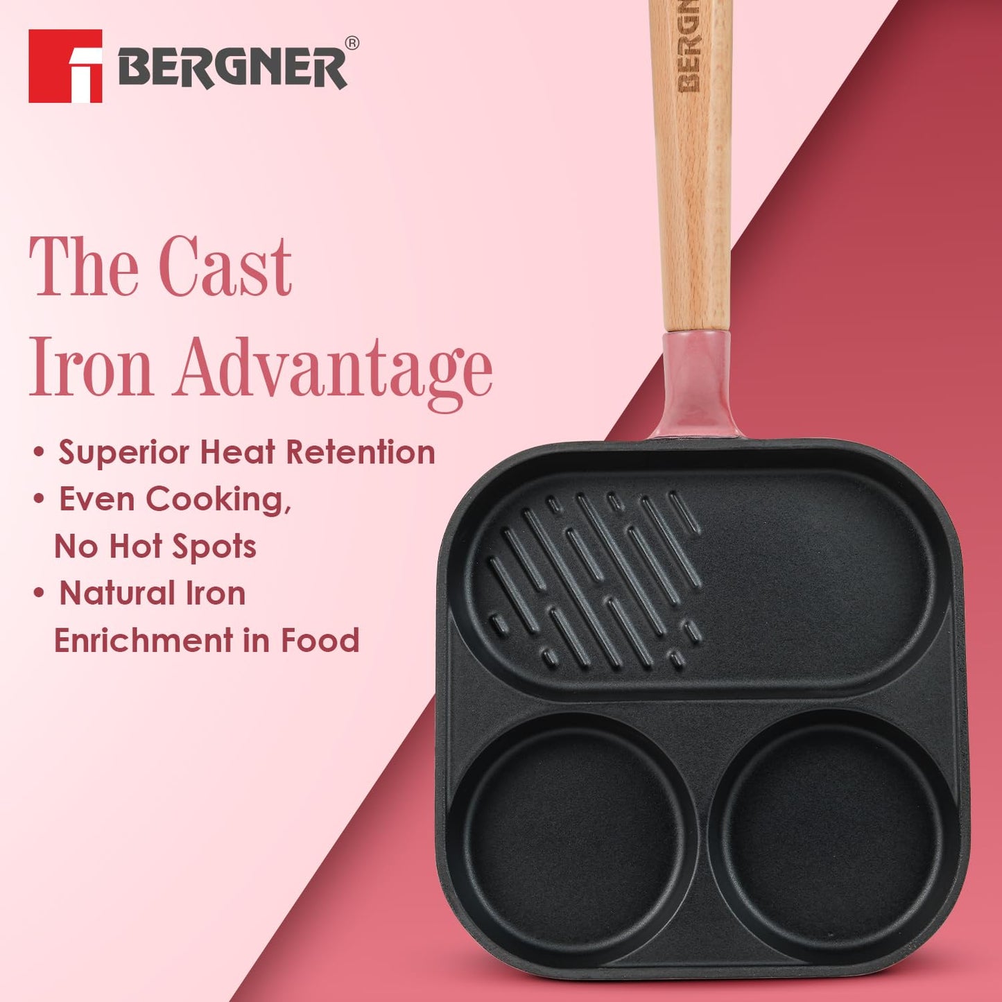 BERGNER Excalibur Lightweight Cast Iron 18cm Breakfast Pan, Sturdy Wooden Handle, Non-Stick Coating, PFAS Free, Perfect Heat Distribution, Elegant Design - Induction Compatible (Pink)