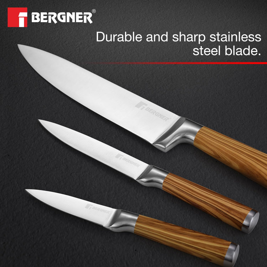 BERGNER Olive Garden Stainless Steel 3 Pcs Knife Set, Kitchen Knife Set of 20cm, 12.5cm and 8.75cm, Durable, Rust Resistant, Soft Touch Wooden Coated Handle, Ideal for Cutting, Dicing, Slicing etc