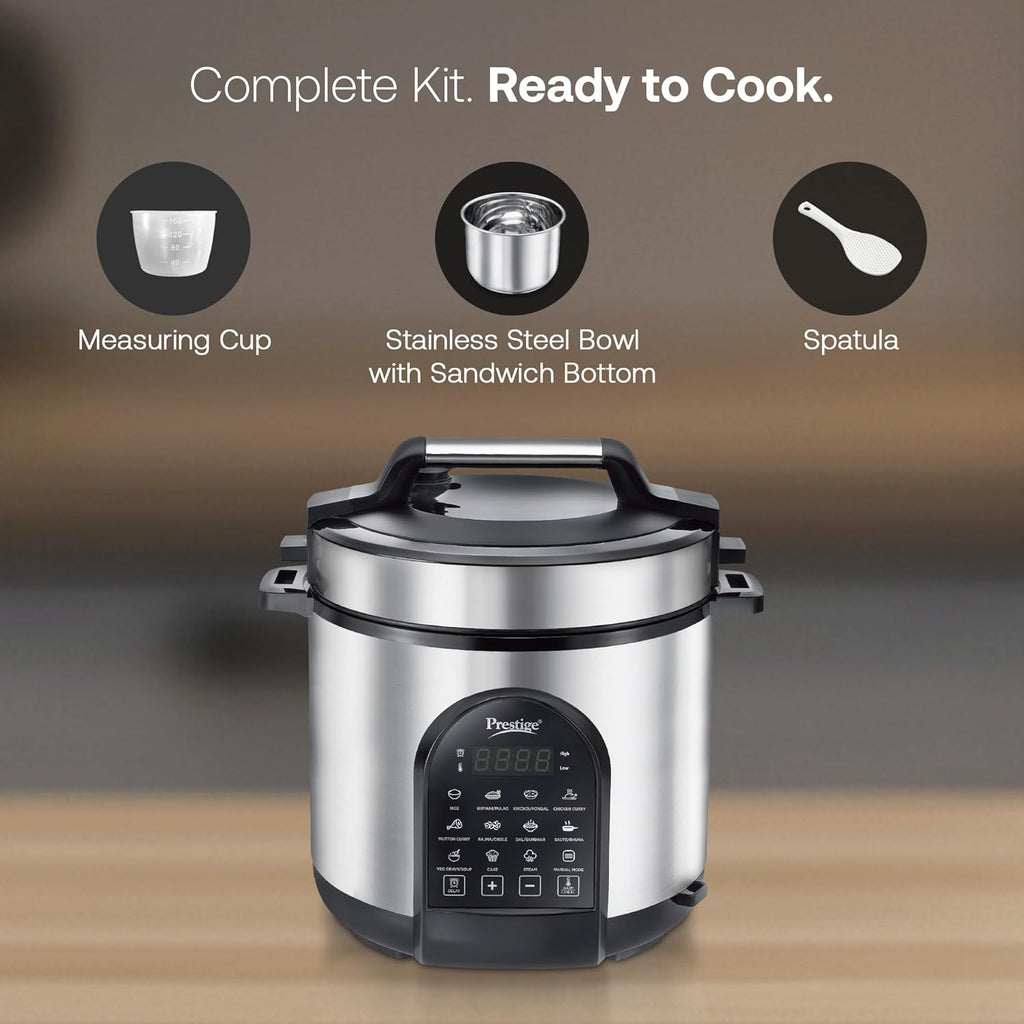 Prestige 6.0L Smart Cook Electric Cooker| 11 Pre-Set Indian Menu| Low Energy Consumption| Stainless Steel Bowl