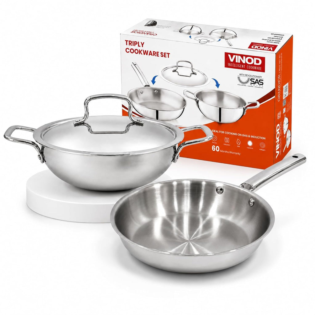 Vinod Grandior Triply Stainless Steel Cookware Set of 3 Pcs | 2.3 L Kadai (22 cm), 1.5 L Frypan (22 cm) with Common Lid | Event Heating, Less Oil Healthy Cooking, Induction & Gas Compatible