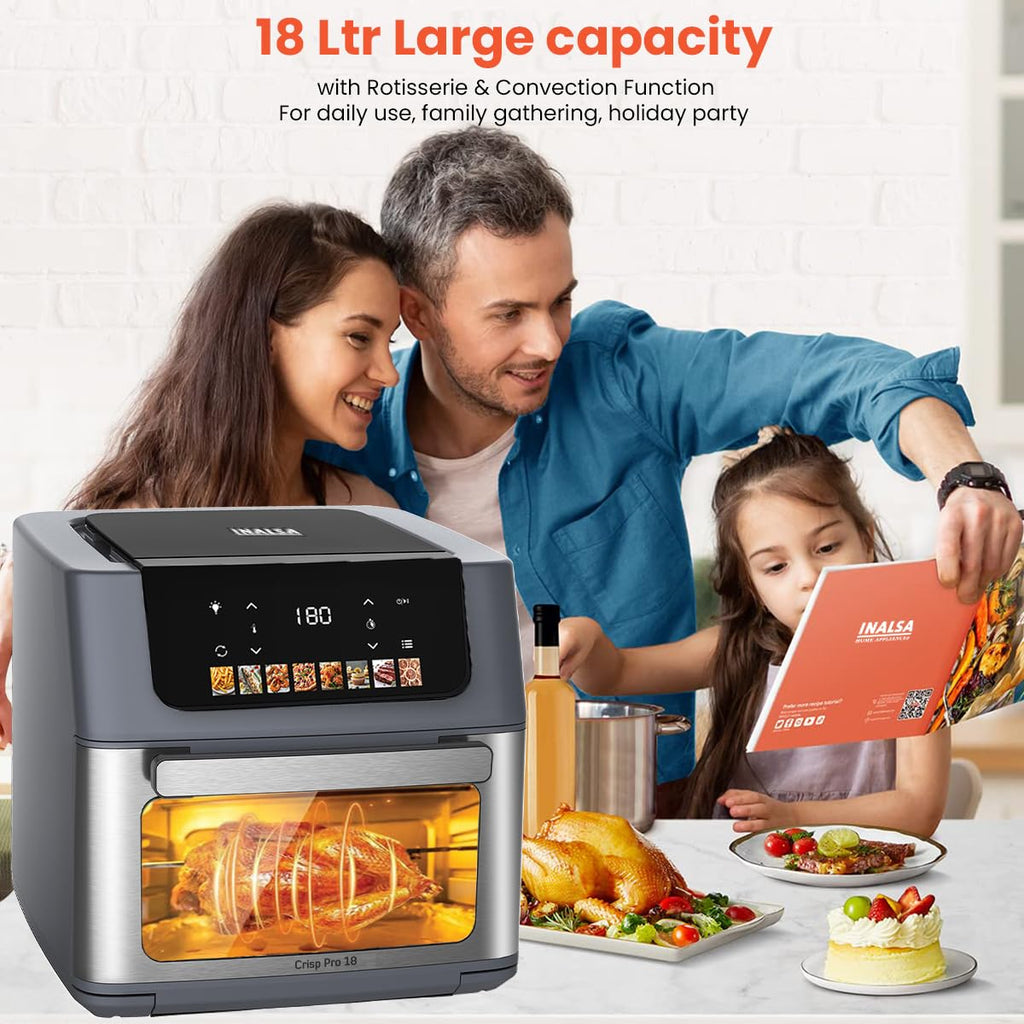 INALSA Air Fryer Oven 2100 W|18 L Capacity|8 Preset Functions with Roast,Reheat,Dehydrate,Bake|LED Touch Display|Rotisserie & Convection|10 Accessories|2 Yr Warranty|Recipe Book, Aero Crisp Pro18 Grey