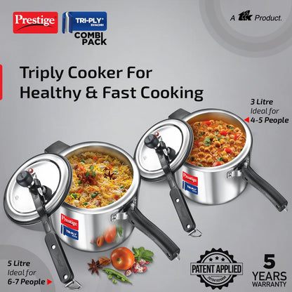 Prestige 5L+3L Triply Svachh Inner Lid Pressure Cooker Combi with 2 Lids|Gas & Induction Compatible|Deep lid for spillage control|Triply body for even heat distribution|5 Years Warranty|ISI Certified