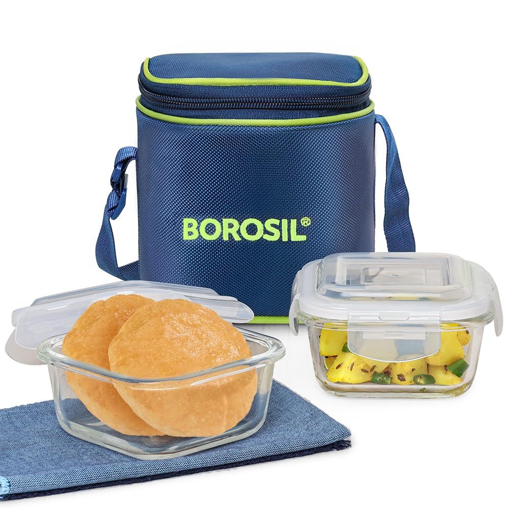 Borosil Klip n Store Lunchbox with Bag | Set of 2 Square Container (320ml Each) | Made in India Borosilicate Glass | Microwave & Dishwasher Safe | Tiffin for Office/School/College | Vertical