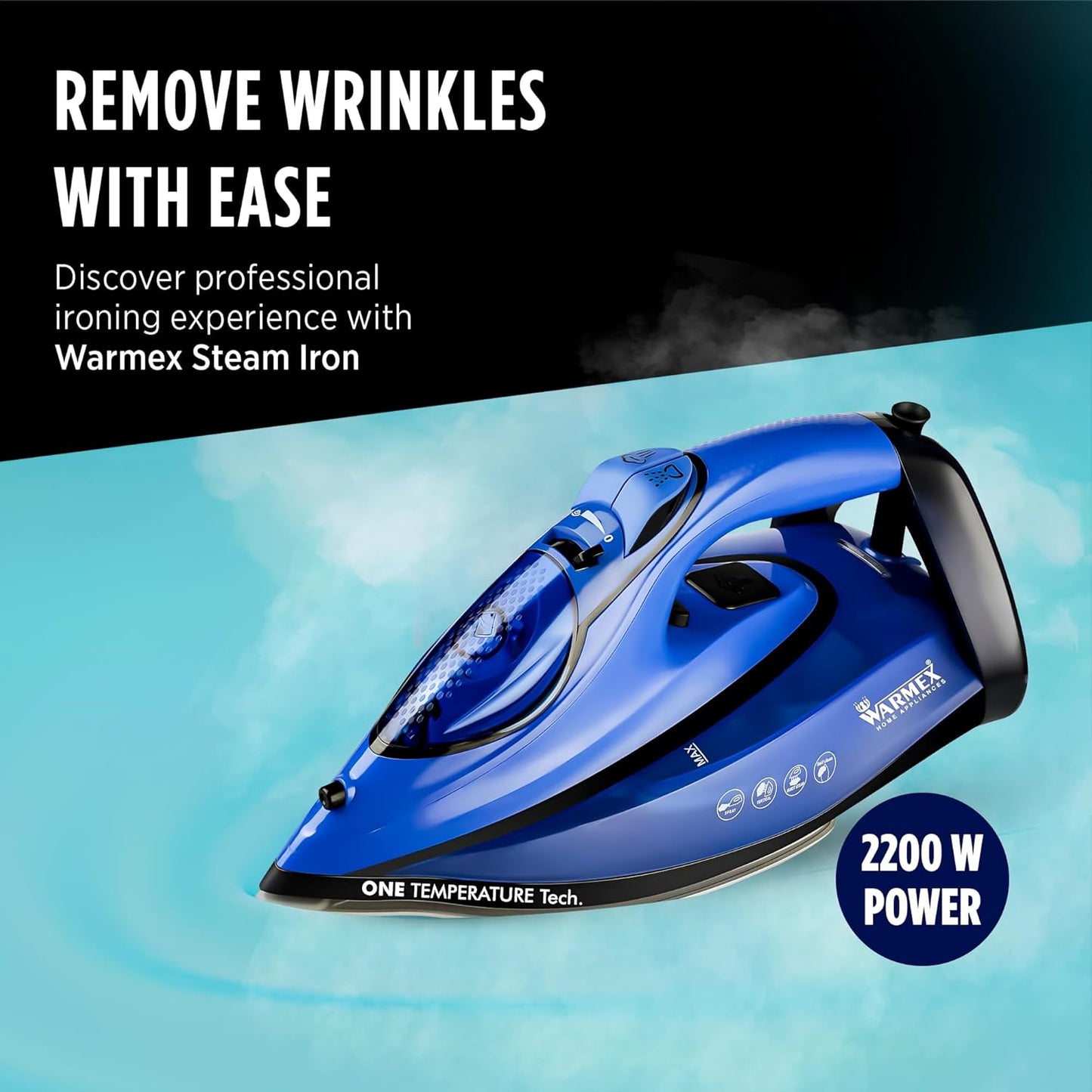 Warmex 2200W No knob Automatic Steam Cloth Iron No Burn Guaranteed with Smart Perfect Care Temperature Control | Heavy Duty Press Ironing Clothes for Home & Travel, Auto Cleaning & Shut Off Sensor-Blue