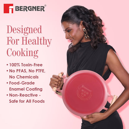 BERGNER Excalibur Lightweight Cast Iron Tadka Pan with Lid 12cm, Non-Stick Vaghar Pan, PFAS Free, Perfect Heat Distribution, Elegant Design, Silicone Grips - Induction and Gas Stove Ready (Pink)