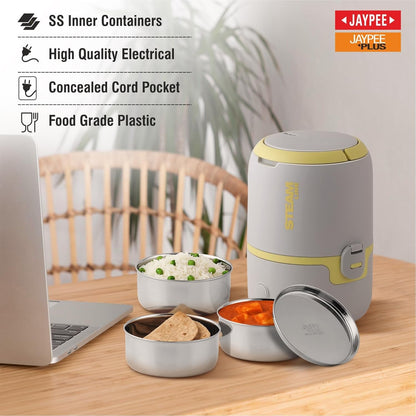 Jaypee Plus Steamline Electric Lunch Box Stainless Steel containers 300X3 ml with Bag, Power Cord & Measuring Cup Lunch Box for Offfice Reheat Food in 15 Minute Auto Cut steam Technology,Grey Yellow