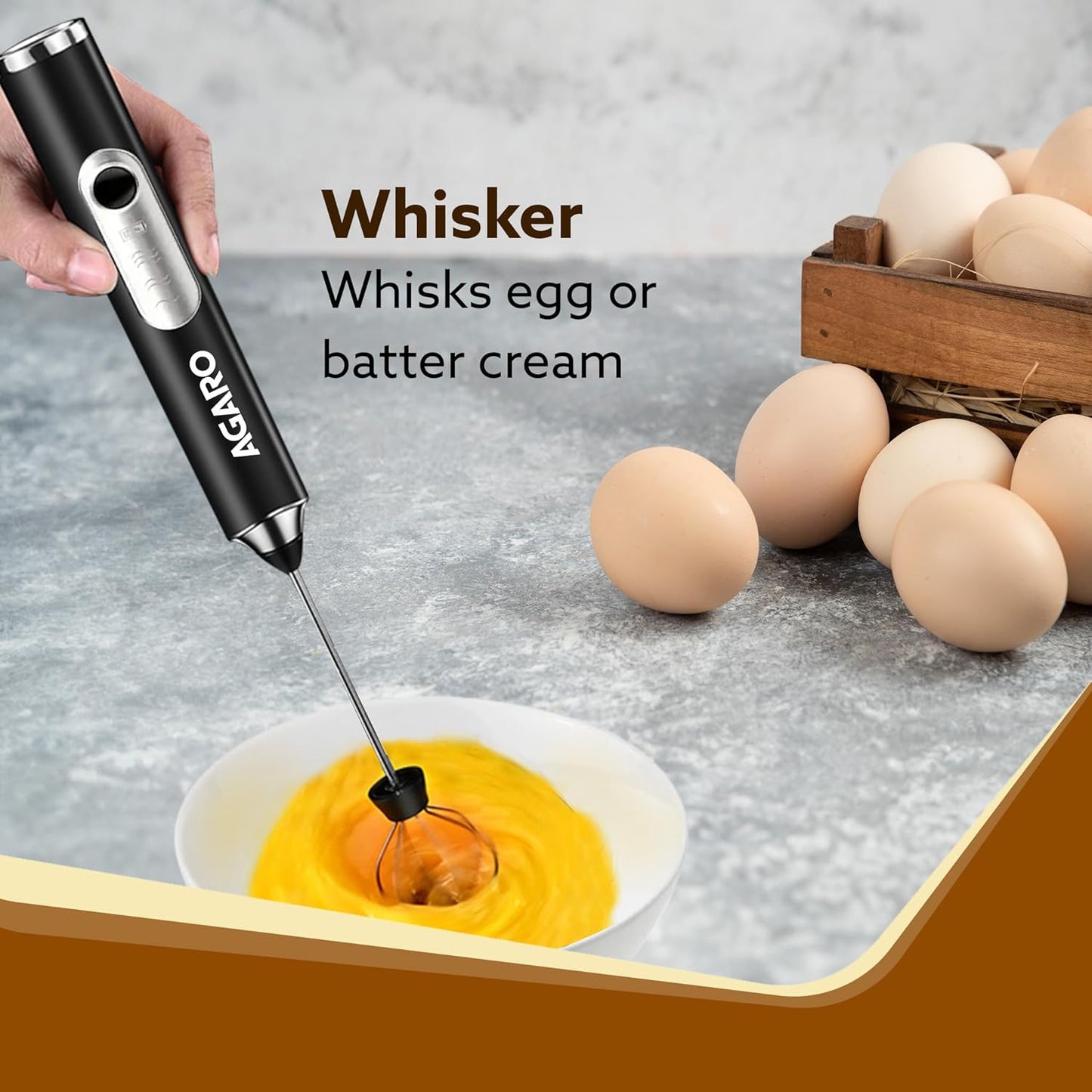 AGARO Royal Milk, 3‑Speed Electric for Coffee with Whisk and, Mixer, Stand‑up Design, for Cream (Whisk Milk), Rechargeable, Stainless Steel