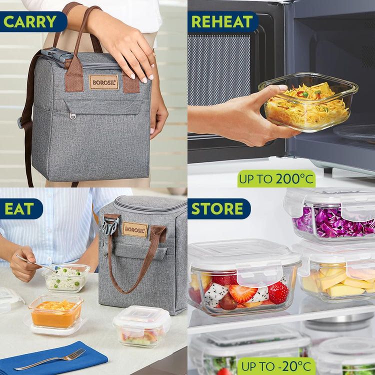 Borosil 7pc Borosilicate Glass Lunchbox | 3pc Container + 1 (550ml) Glass Bottle + Fork & Spoon Set with Mat | Microwave & Dishwasher Safe | Tiffin for Office, School, College (Gourmet Plus)