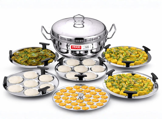Vinod Stainless Steel Deluxe Multi Kadai with 6 Plates - 26cm, 2 Idli, 2 Dhokla,1 Patra and 1 Mini Idli Plate | Dhokla and Momos Steamer, Maker,Induction Friendly, 3.8 litres