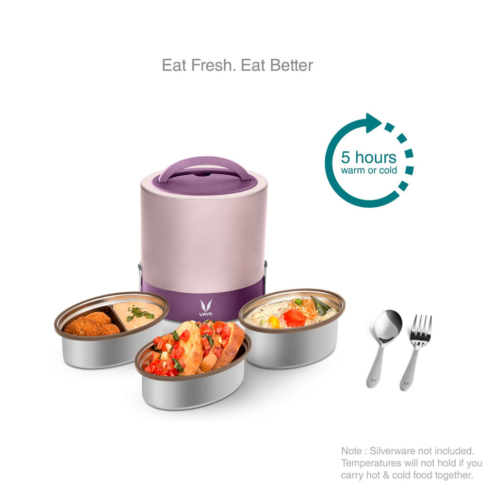 VAYA TYFFYN Lunch Box for Office for Men, with Polished Stainless Steel Containers,1000ml Vacuum Insulated Hot Lunch Box Without BagMat, Leakproof Hot Tiffin Box with 3 Compartments, Purple