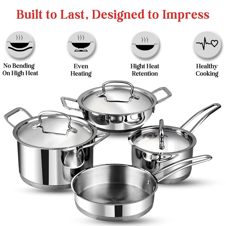 Vinod Classique Deluxe Stainless Steel Cookware Set of 4 pcs/Saucepan, Saucepot, Kadai and Frypan/Steel Utensils Cooking Set for Kitchen, Heavy Induction Bottom - 2 Year Warranty