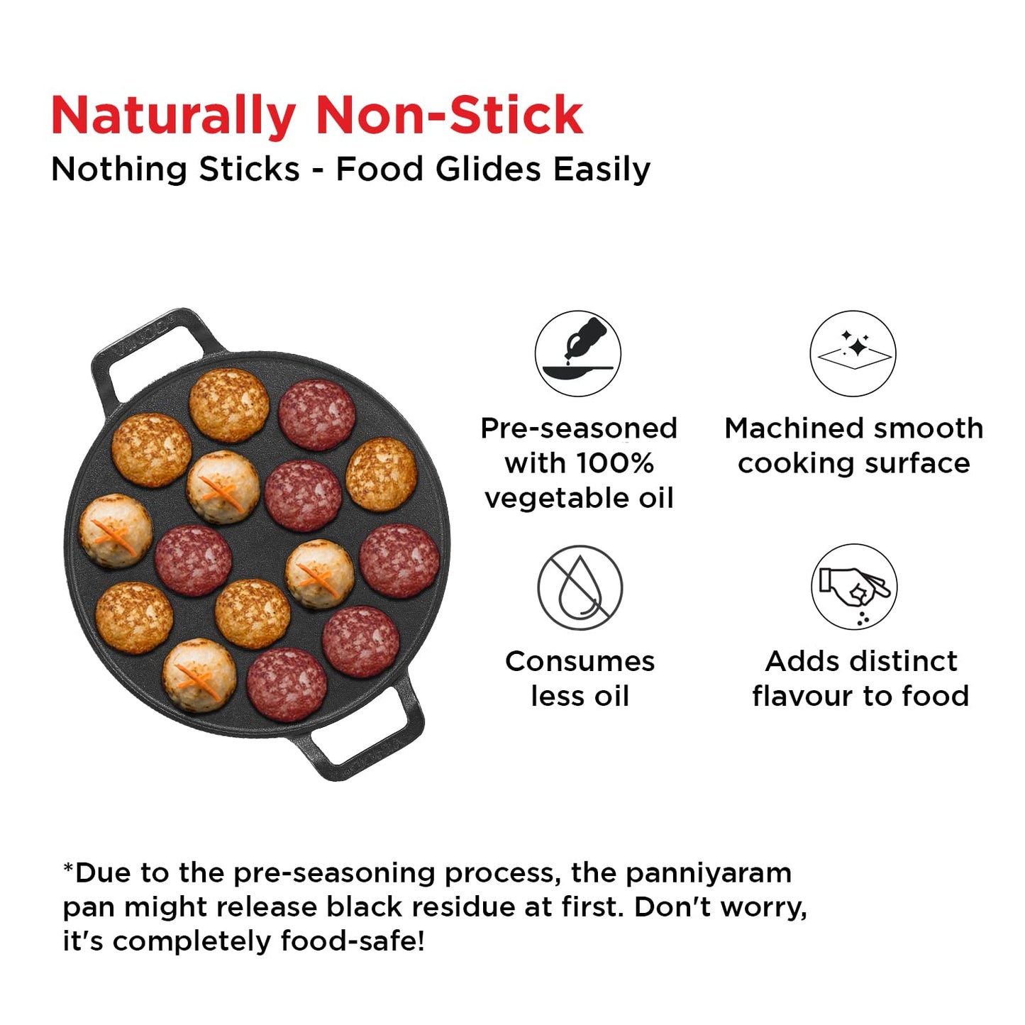 Vinod Legacy Cast Iron Paniyarakkal Pan-15 Cups,25cm | Pre-Seasoned, Heavy-Duty Appam Patra | Naturally Non-Stick, Durable & Even Heating | Ideal for Paniyaram, Paddu, Kuzhi Paniyaram | Gas Stove Safe