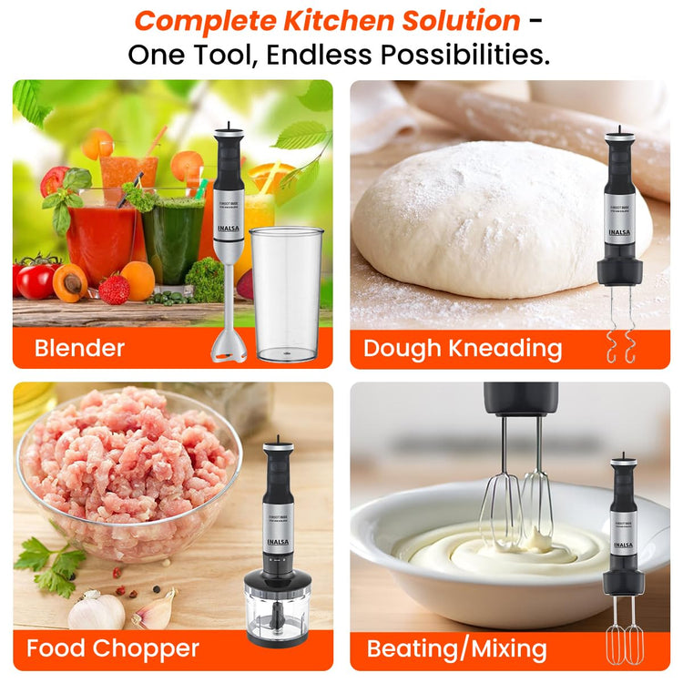 INALSA Hand Blender Mixer|1700W Copper Motor|Chopper,Dough Maker,Whisker & Jar Attachment|Low Noise|20 Speed Control & Turbo Function|BPA Free|Anti-Splash|2 Yr Warranty,Robot Inox 1700 Mix N Blend