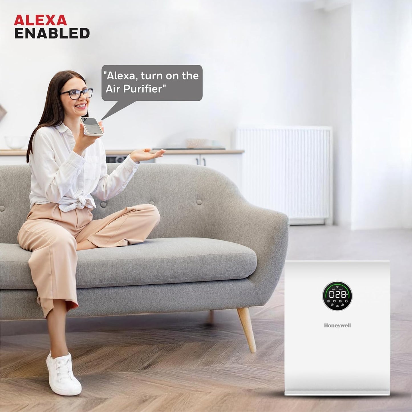Honeywell New Launch Air Purifier for Home, 4-stage filtration, Covers 589 sq.ft,H13 HEPA Filter, WiFi App&Voice Control, Filter Life Upto 9000 Hrs, Removes 99.99%PM2.5, AQI LED Display - Air Touch V5
