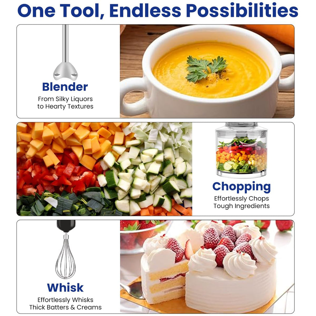 INALSA Hand Blender 1000 Watts with Chopper, Whisker| Variable Speed & Turbo Speed Function|100% Copper Motor|0.6Liter|Low Noise |Anti-Splash Technology|Home&kitchen|2 Year Warranty (Robot Inox 1000E)