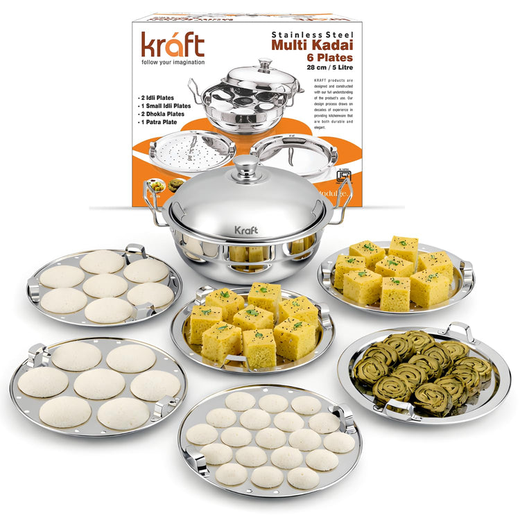 Kraft Stainless Steel Multi Kadai/Idli Maker | 5 L, 28 cm, 6 Plates | 2 Idli, 2 Dhokla, 1 Patra & Mini Idli | Induction & Gas Compatible Momo/Modak Pot | 6 in 1 Multipurpose steamer for cooking