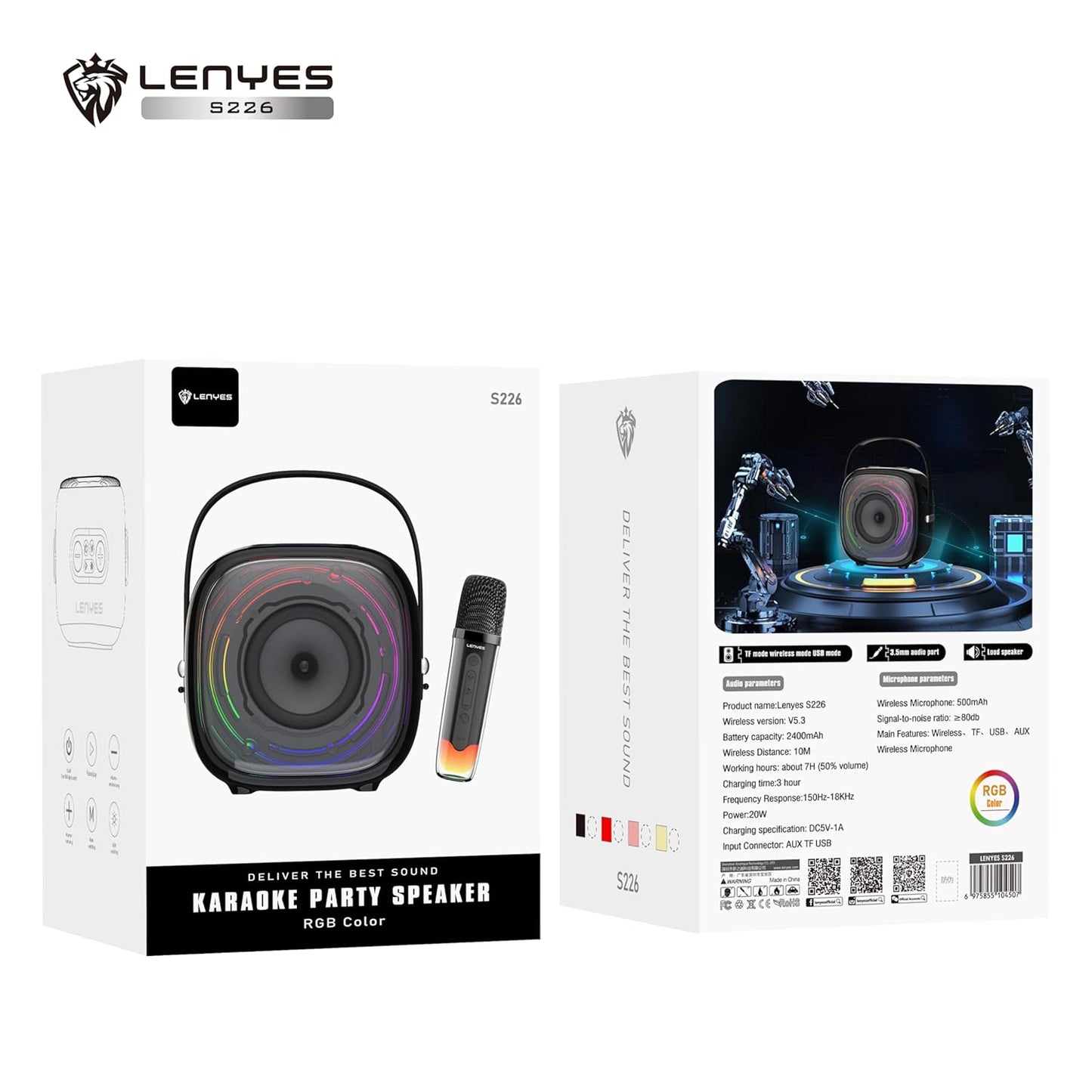 Lenyes S226 Bluetooth Party Speaker | 20W HD Sound | Wireless Karaoke Mic | 7H Playtime | RGB Lights | Bluetooth v5.3 | AUX/USB/TF Support | Type-C Fast Charging (Black)