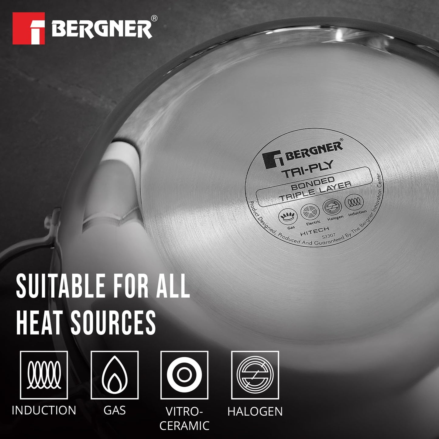 BERGNER Hi-Tech TriPly Stainless Steel 22cm (2.25 L) Kadai with Glass Lid, Honeycomb Non-Stick Coating, Non-Toxic, Healthy, Less Oil Use, Durable Handles with Excellent Grip - Induction and Gas Ready