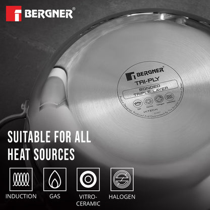 BERGNER Hi-Tech TriPly Stainless Steel 22cm (2.25 L) Kadai with Glass Lid, Honeycomb Non-Stick Coating, Non-Toxic, Healthy, Less Oil Use, Durable Handles with Excellent Grip - Induction and Gas Ready
