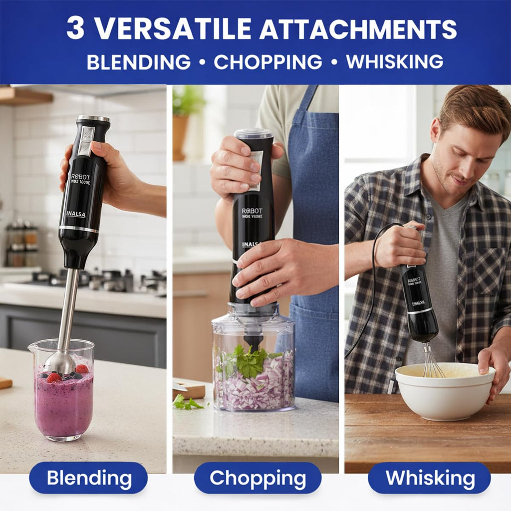 INALSA Hand Blender 1000 Watts with Chopper, Whisker| Variable Speed & Turbo Speed Function|100% Copper Motor|0.6Liter|Low Noise |Anti-Splash Technology|Home&kitchen|2 Year Warranty (Robot Inox 1000E)