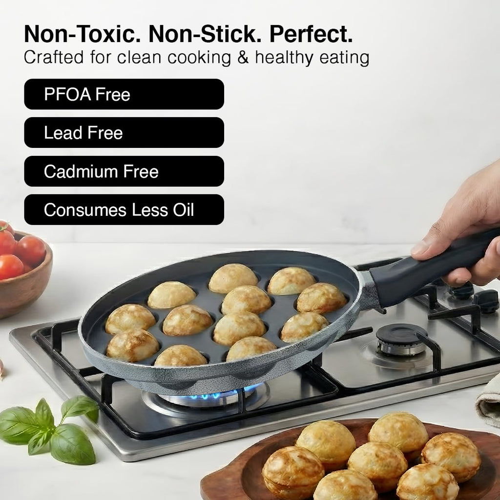 Prestige Non-Stick 12 Pits Paniyarakkal 24cm with Glass Lid | Appe Patra | Appe Maker | Omega Select Plus | PFOA Free | Metal Spoon Friendly | Sturdy Handle | 1Y Warranty | ISI Certified