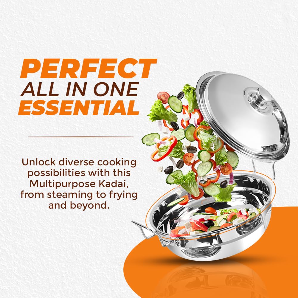Kraft Stainless Steel Multi Kadai/Idli Maker | 5 L, 28 cm, 6 Plates | 2 Idli, 2 Dhokla, 1 Patra & Mini Idli | Induction & Gas Compatible Momo/Modak Pot | 6 in 1 Multipurpose steamer for cooking