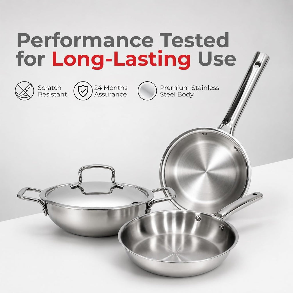Vinod Grandior Triply Stainless Steel Cookware Set 4 Pcs - 22cm (2.3 L) Kadai, 22cm (1.5 L) Frypan, 14cm (1.2 L) Saucepan | 304 Food-Grade, 2.5mm Thick, Toxin-Free, Even Heating, Induction & Gas
