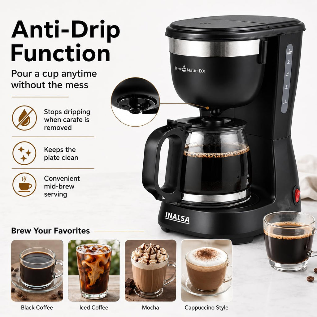 INALSA 6 Cups 650-Watt Coffee Maker with Anti Drip & Keep Warm Function|Overheat Protection|See Through 680 ML Carafe|630 ML Water Tank Capacity|Reusable Coffee Filter(Brew Matic DX)