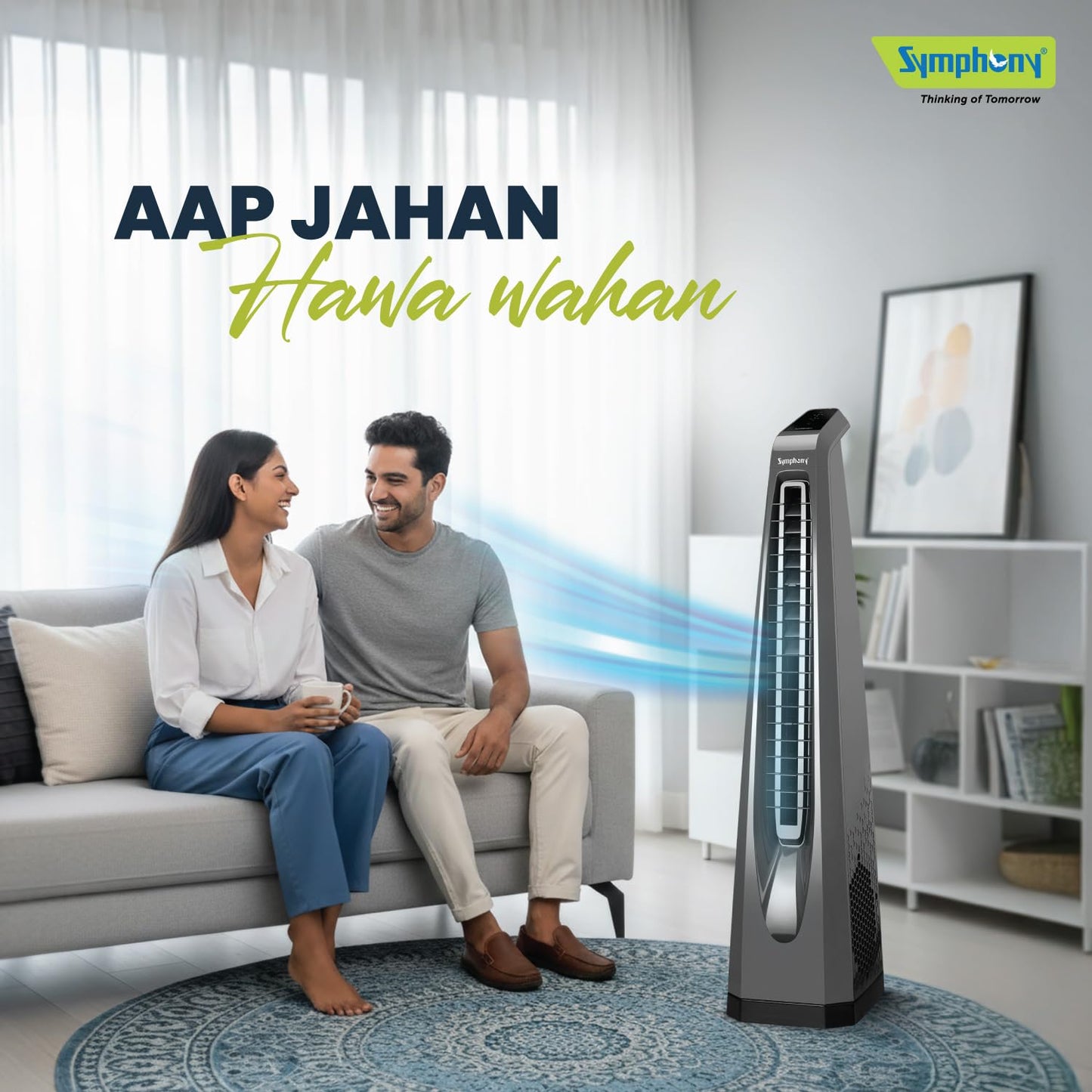 Symphony Surround-i Bladeless Tower Fan for Room | High-Speed with Swivel Action, Touchscreen Control Panel & Remote | 1 Year Warranty | Grey