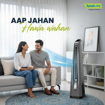 Symphony Surround-i Bladeless Tower Fan for Room | High-Speed with Swivel Action, Touchscreen Control Panel & Remote | 1 Year Warranty | Grey