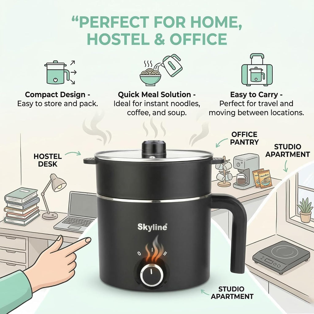 Skyline Multi-Purpose Electric Kettle with Steamer and Egg Boiler, 1.5L, 600W, Temperature Control, VTL-9091 (Black)