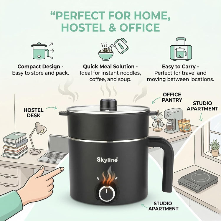Skyline Multi-Purpose Electric Kettle with Steamer and Egg Boiler, 1.5L, 600W, Temperature Control, VTL-9091 (Black)